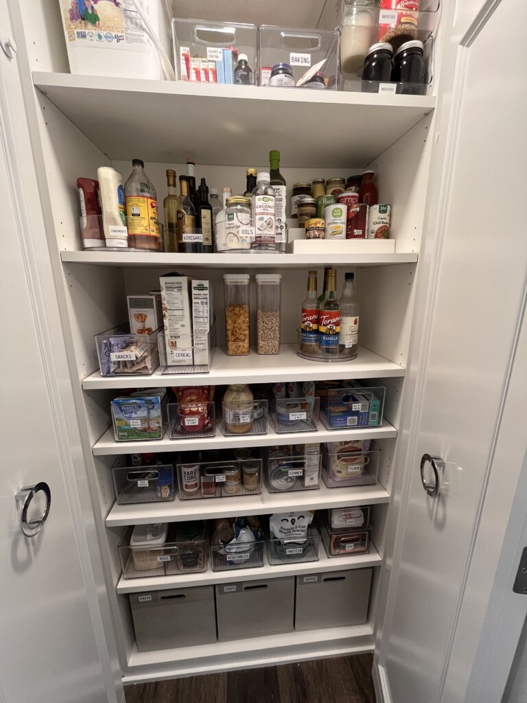 tall pantry organization, clear bins, container store