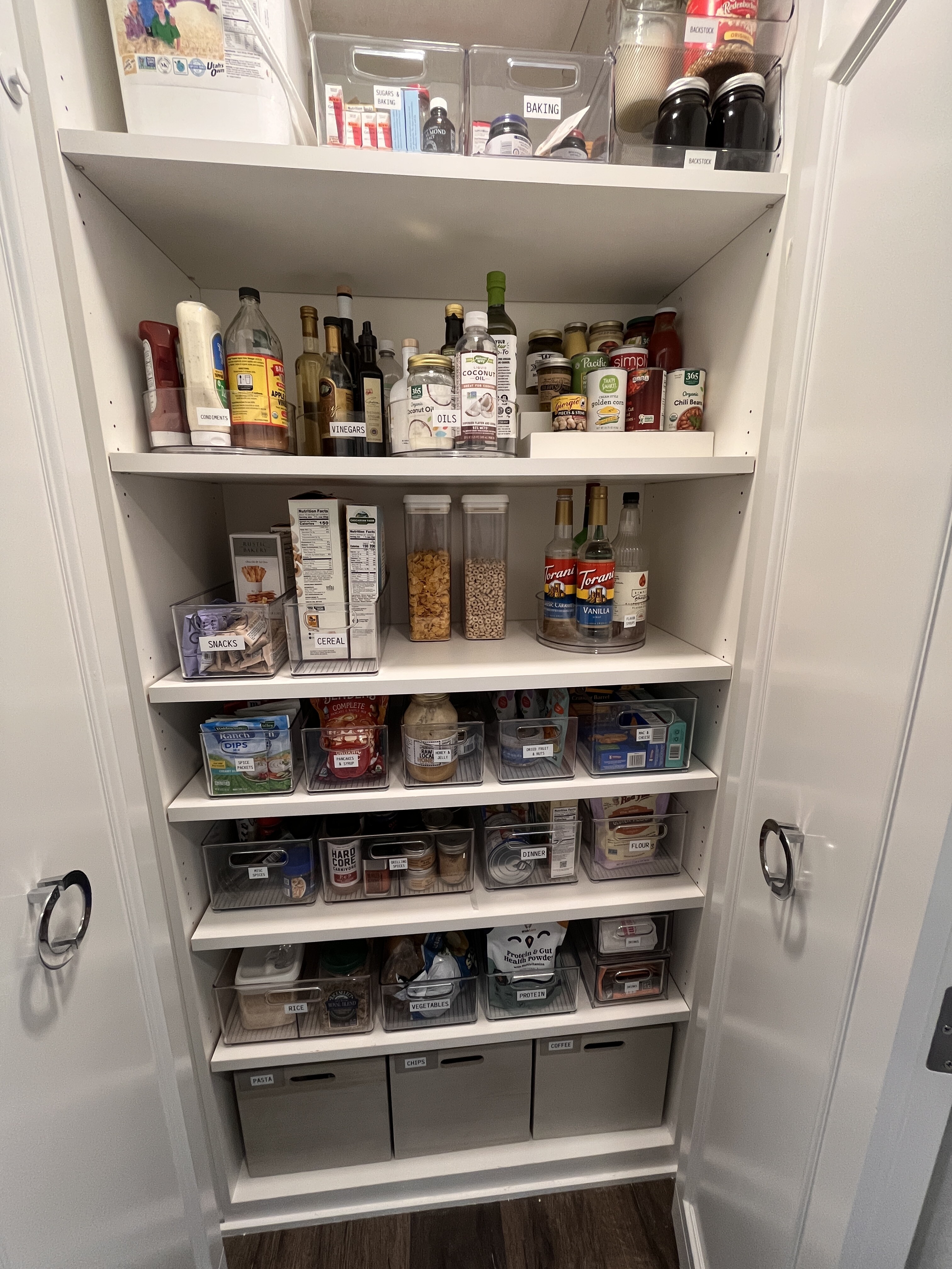 tall pantry organization, clear bins, container store