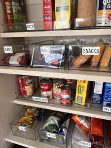 pantry organization, bins, clear bins with white labels
